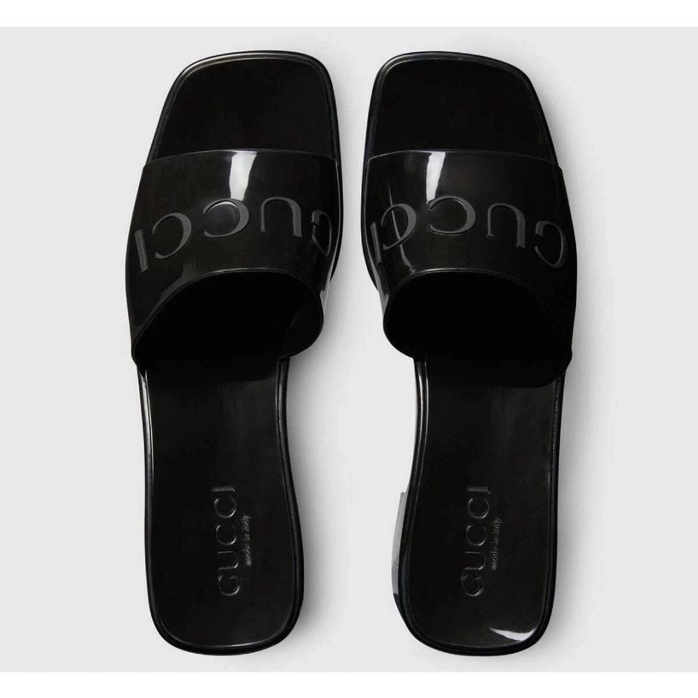 GUCCI Plastique Logo Rubber Heeled Mule Sandals Black Resortwear Minimalist US 8 - Picture 4 of 16